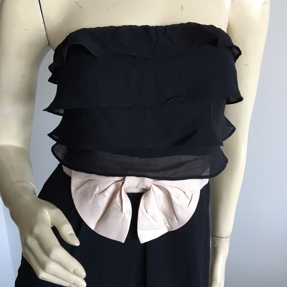 Johnny Martin black strapless ruffle tiered dress with bow waist